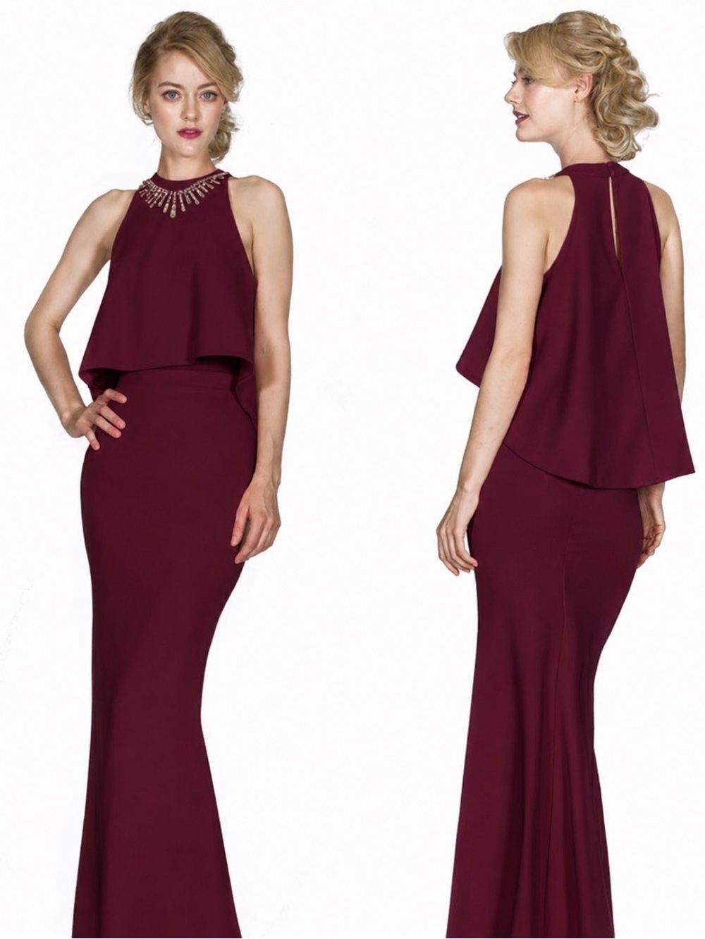 Burgundy Halter Maxi Dress 2 Piece Set Formal Gown Sizes M & XL Wedding Guest